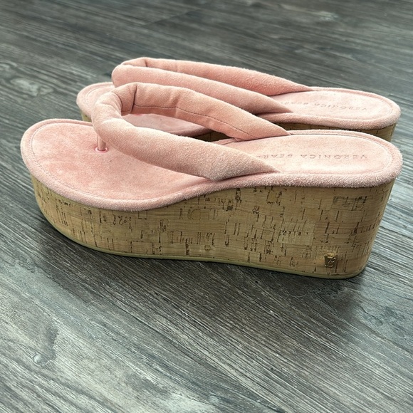 Veronica Beard Cork Platform Wedge Flip Flop Sandal in Pink Suede - Picture 2 of 5
